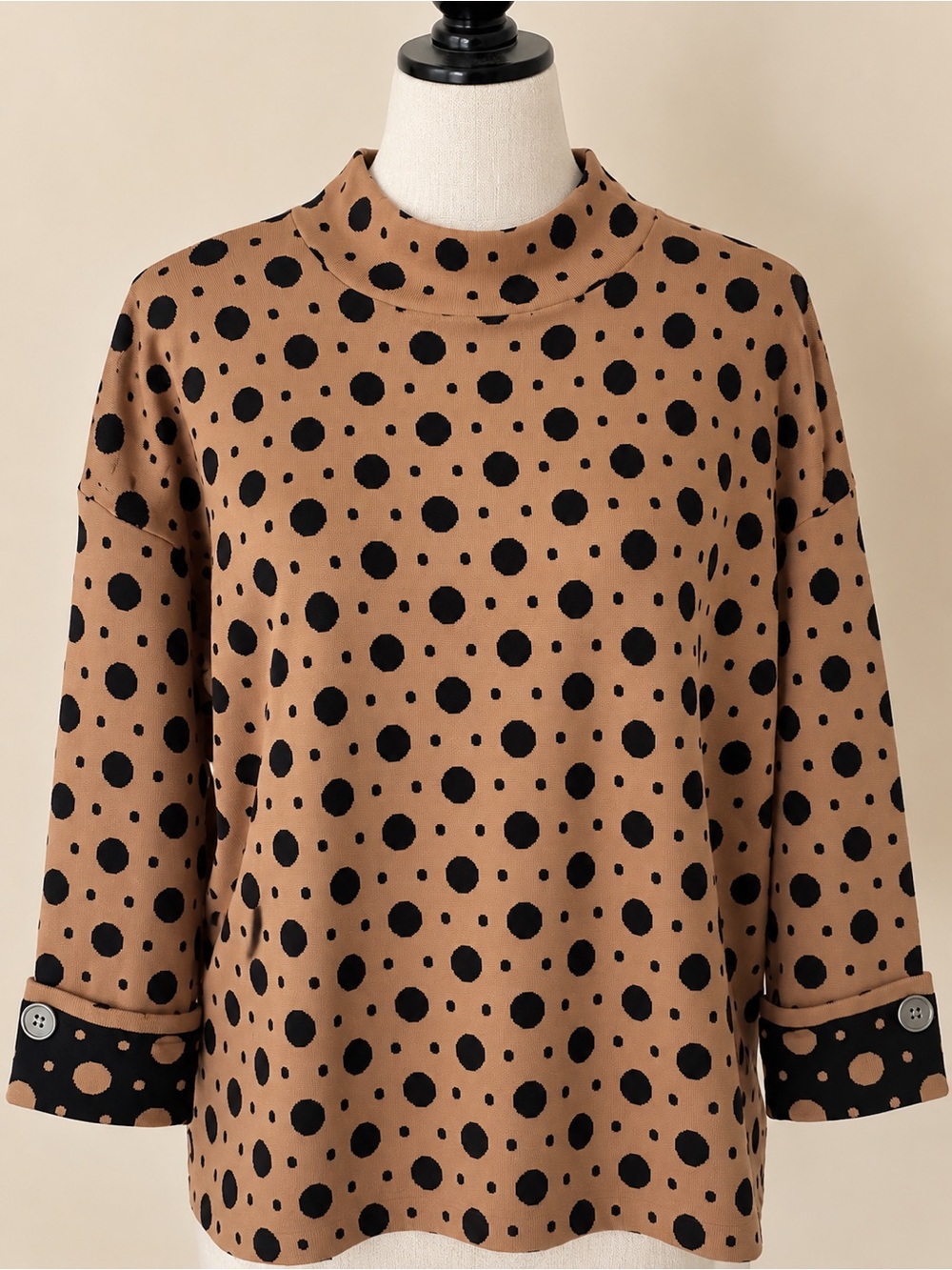 Polka Dot Mock Neck Sweater XL Button Cuff Tan Black